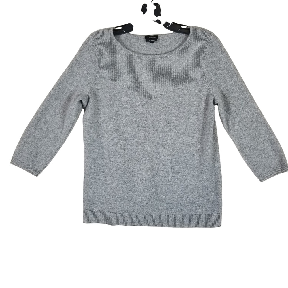 Talbots Sweater Womens Medium Grey Pure Cashmere Ribbed Yoke Boat Neck